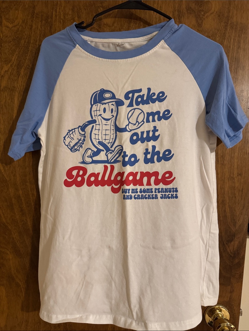 Take Me Out to the Ballgame Oversized Retro Raglan Tee - White & Light Blue